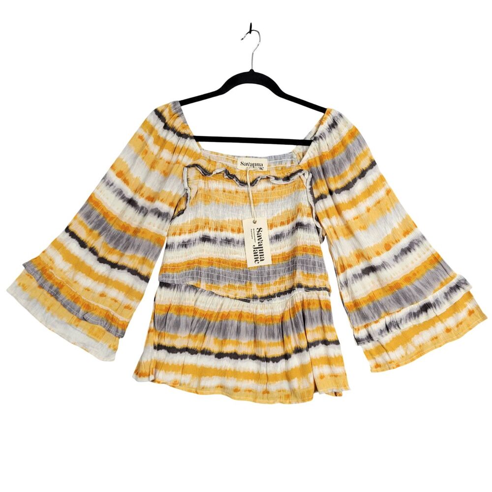 SAVANNA JANE Orange Striped Bohemian Artsy Lightweight Smocked Top SIZE LARGE